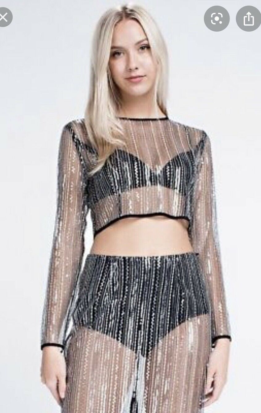 Honey Punch Women's Sheer Sequin Long Sleeve Crop Top Sz Small Black Silver NWT